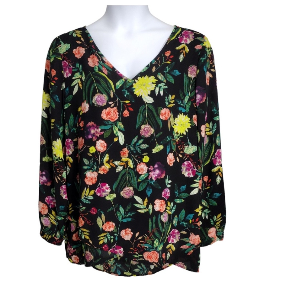 Chelsea & Theodore Top Vibrant Floral Print Black Multicolor Size XXL
